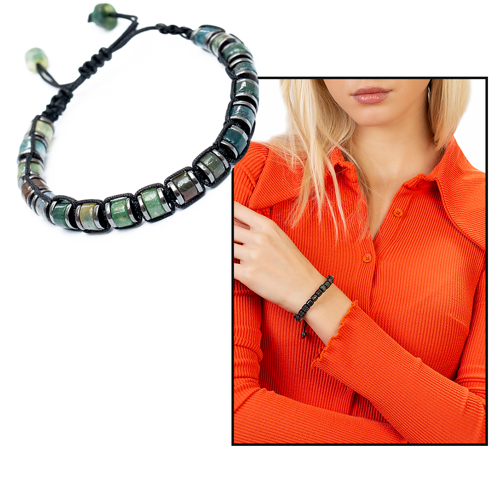 Silindir Kesim Makrome Örgülü Akik Hematit Kombinli Doğaltaş Kadın Bileklik - 1