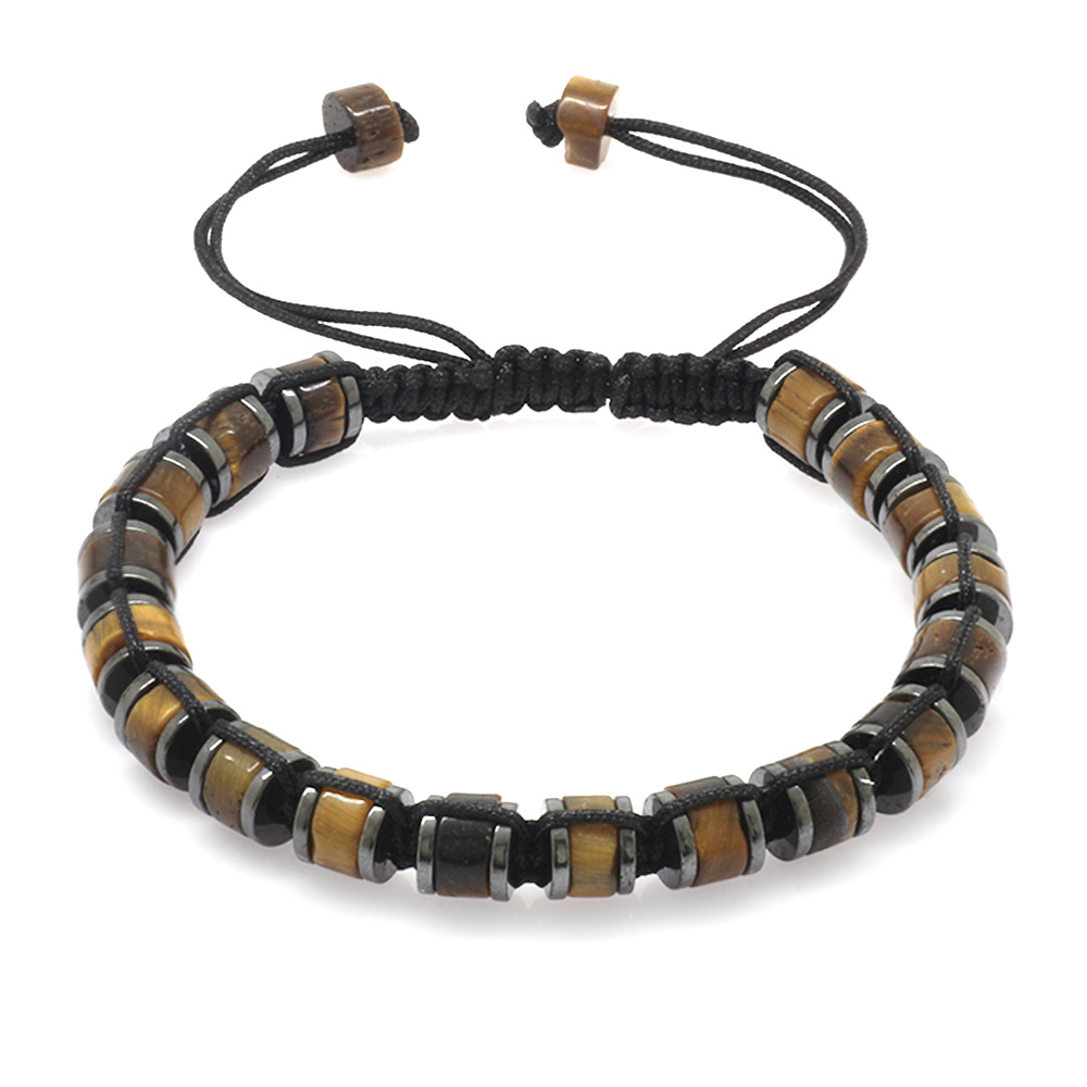 Silindir Kesim Makrome Örgülü Kaplan Gözü Hematit Kombinli Doğaltaş Erkek Bileklik - 3