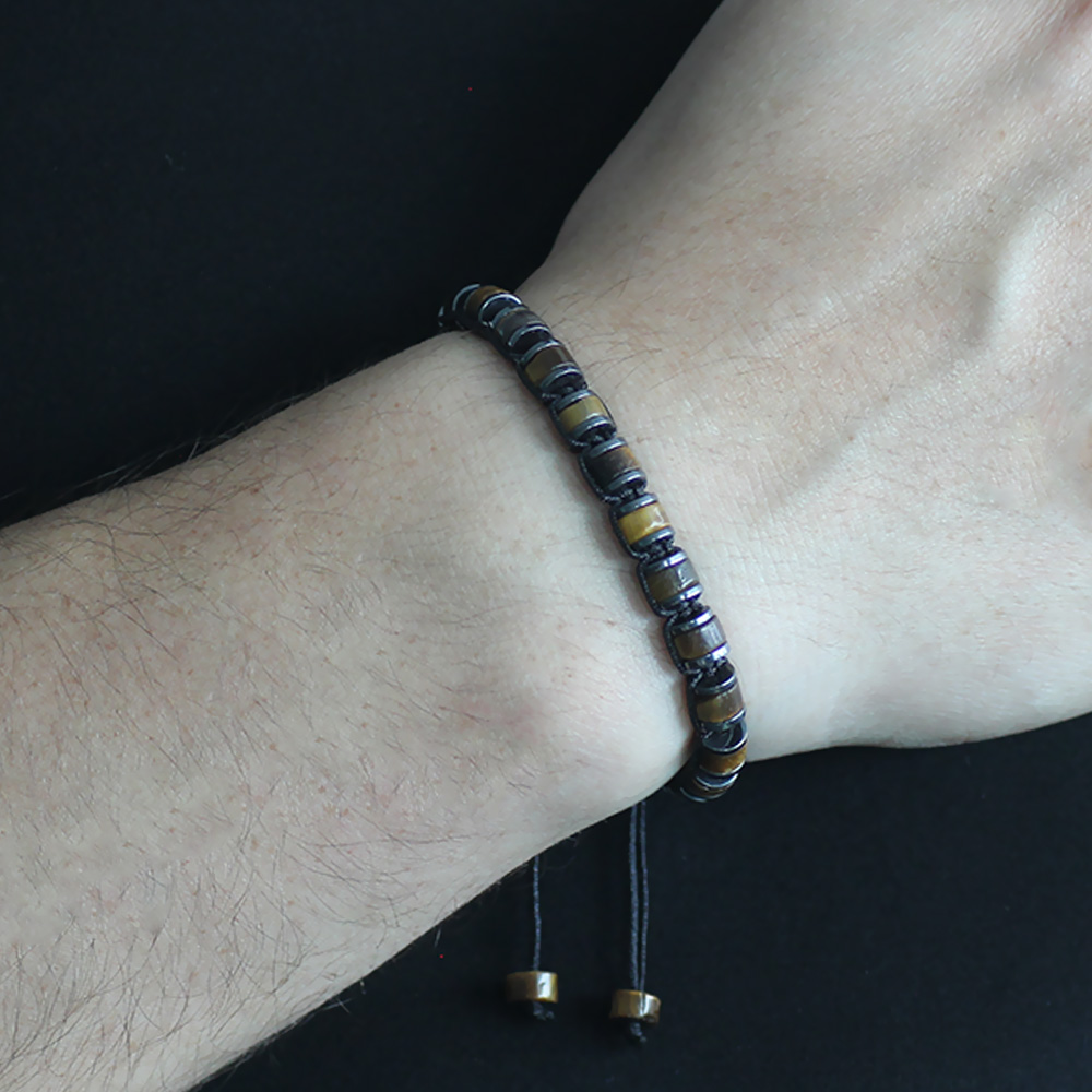 Silindir Kesim Makrome Örgülü Kaplan Gözü Hematit Kombinli Doğaltaş Erkek Bileklik - 2