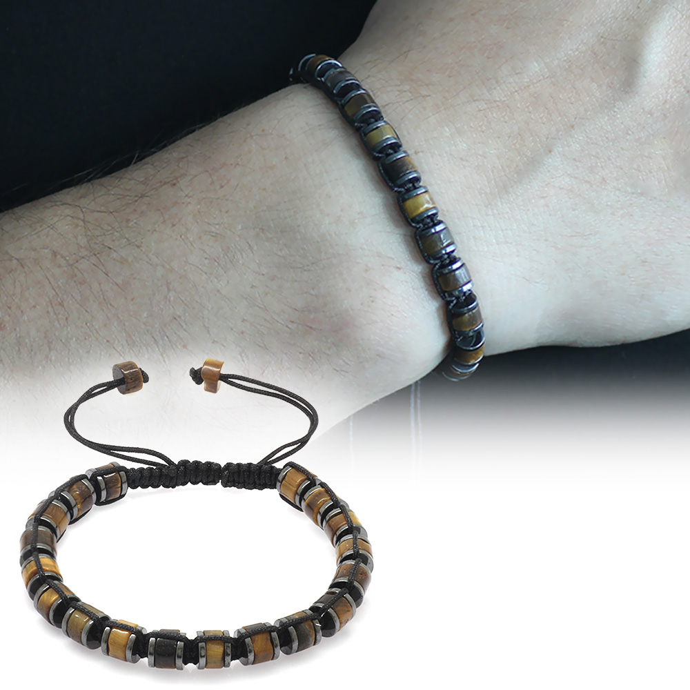 Silindir Kesim Makrome Örgülü Kaplan Gözü Hematit Kombinli Doğaltaş Erkek Bileklik - 1