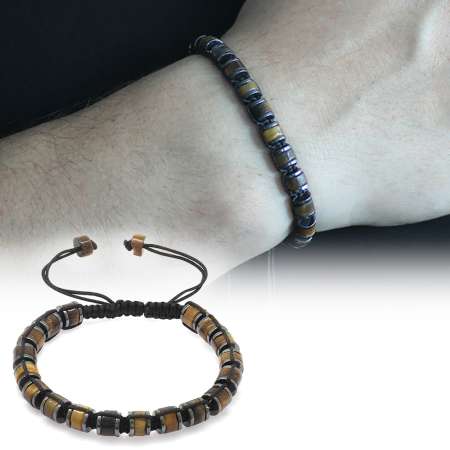 Silindir Kesim Makrome Örgülü Kaplan Gözü Hematit Kombinli Doğaltaş Erkek Bileklik - Tesbihane