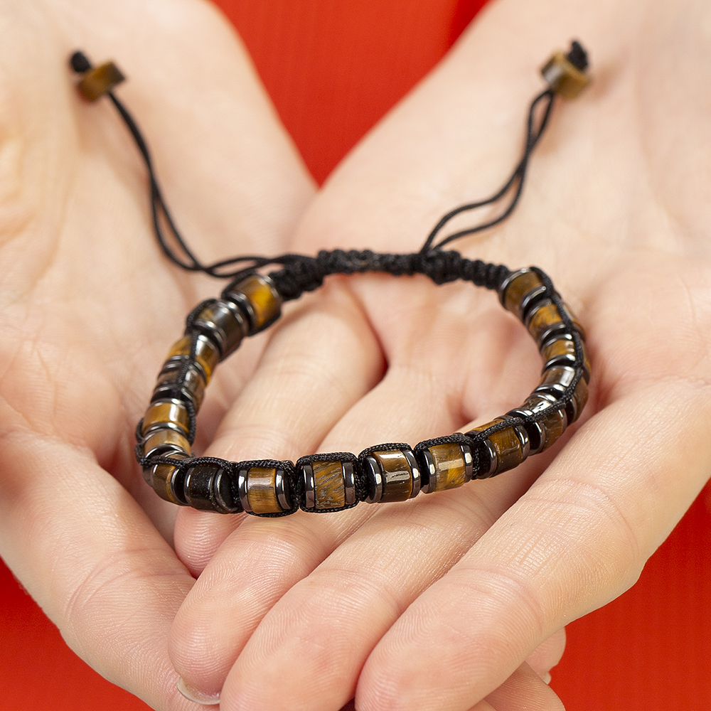 Silindir Kesim Makrome Örgülü Kaplan Gözü Hematit Kombinli Doğaltaş Kadın Bileklik - 2