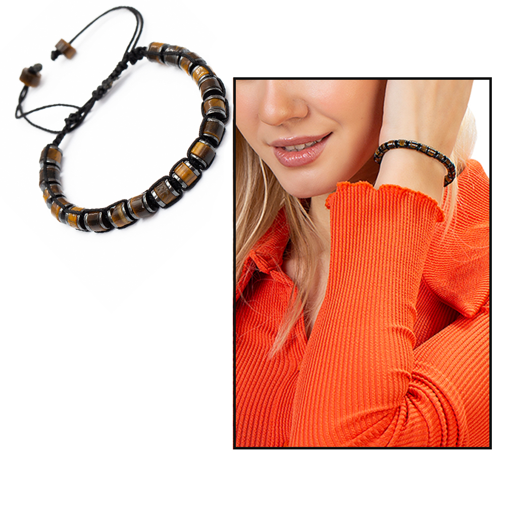 Silindir Kesim Makrome Örgülü Kaplan Gözü Hematit Kombinli Doğaltaş Kadın Bileklik - 1