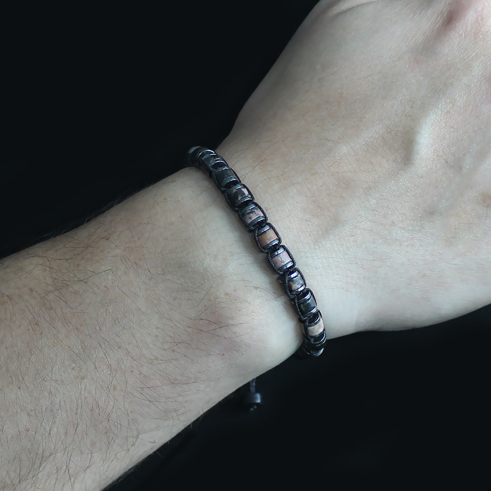 Silindir Kesim Makrome Örgülü Kuvars Hematit Kombinli Doğaltaş Erkek Bileklik - 2