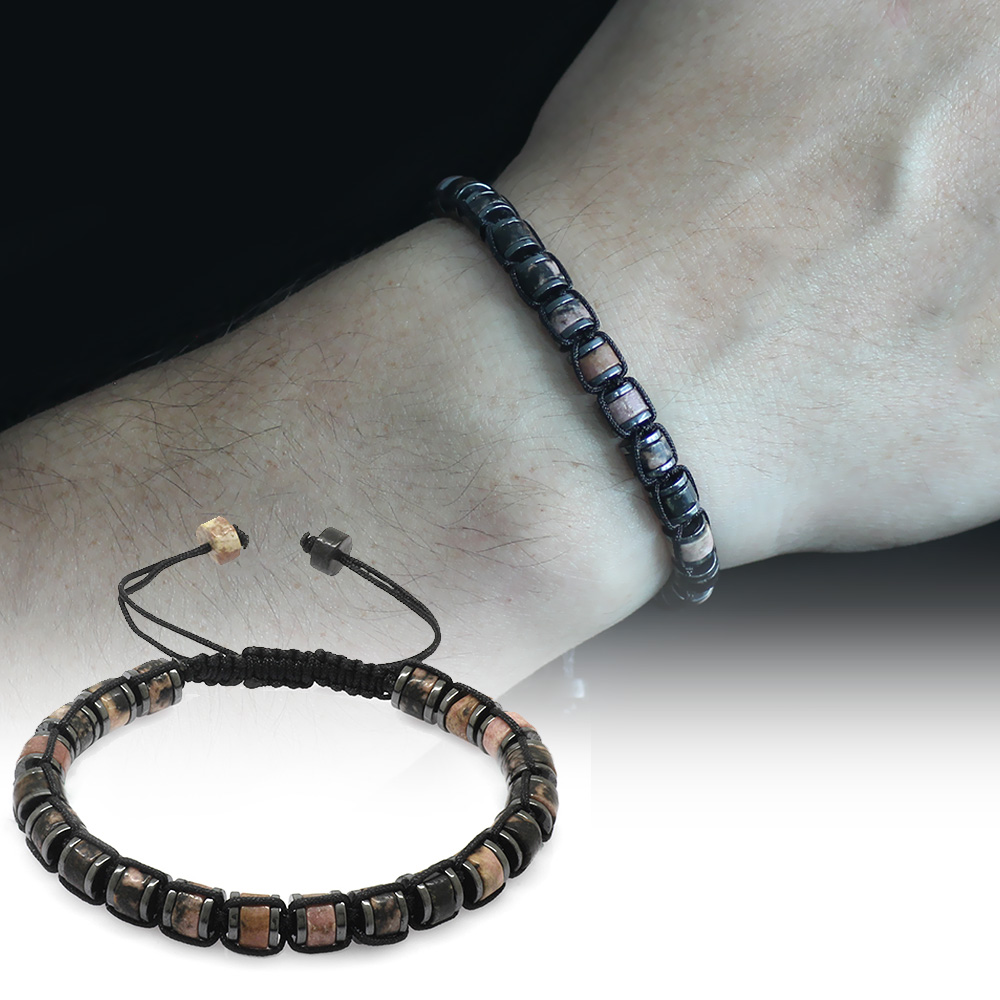 Silindir Kesim Makrome Örgülü Kuvars Hematit Kombinli Doğaltaş Erkek Bileklik - 1