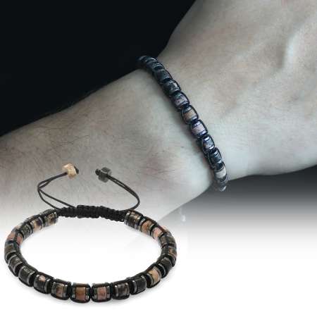 Silindir Kesim Makrome Örgülü Kuvars Hematit Kombinli Doğaltaş Erkek Bileklik - Tesbihane