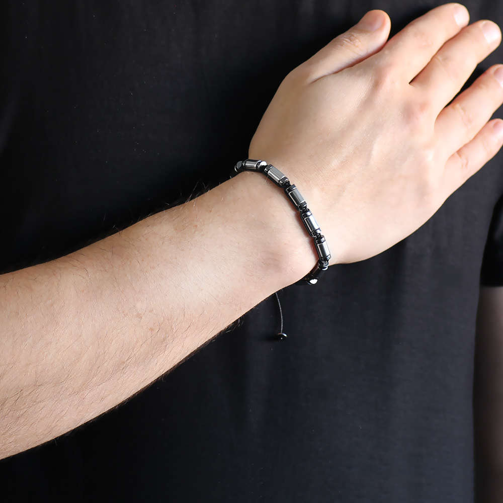 Silindir Kesim Makrome Örgülü Silver-Siyah Hematit Doğaltaş Bileklik - 2