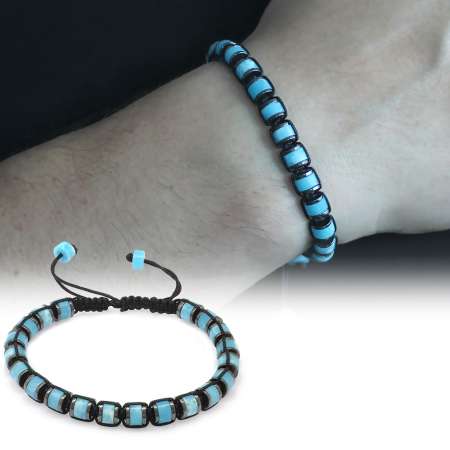 Silindir Kesim Makrome Örgülü Turkuaz Varisit Hematit Kombinli Doğaltaş Erkek Bileklik - Tesbihane