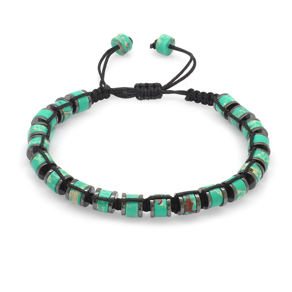 Silindir Kesim Makrome Örgülü Yeşil Varisit Hematit Kombinli Doğaltaş Erkek Bileklik - 3