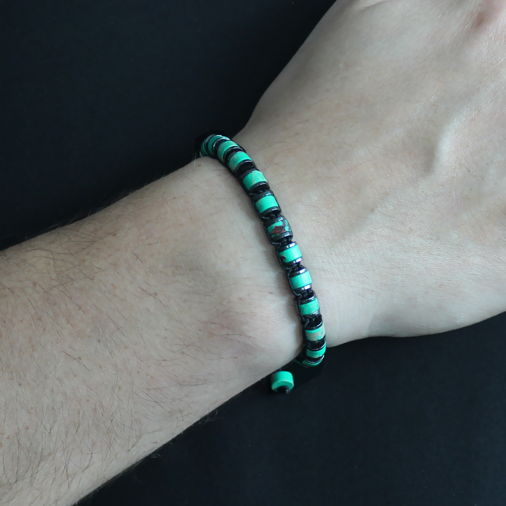 Silindir Kesim Makrome Örgülü Yeşil Varisit Hematit Kombinli Doğaltaş Erkek Bileklik - 2