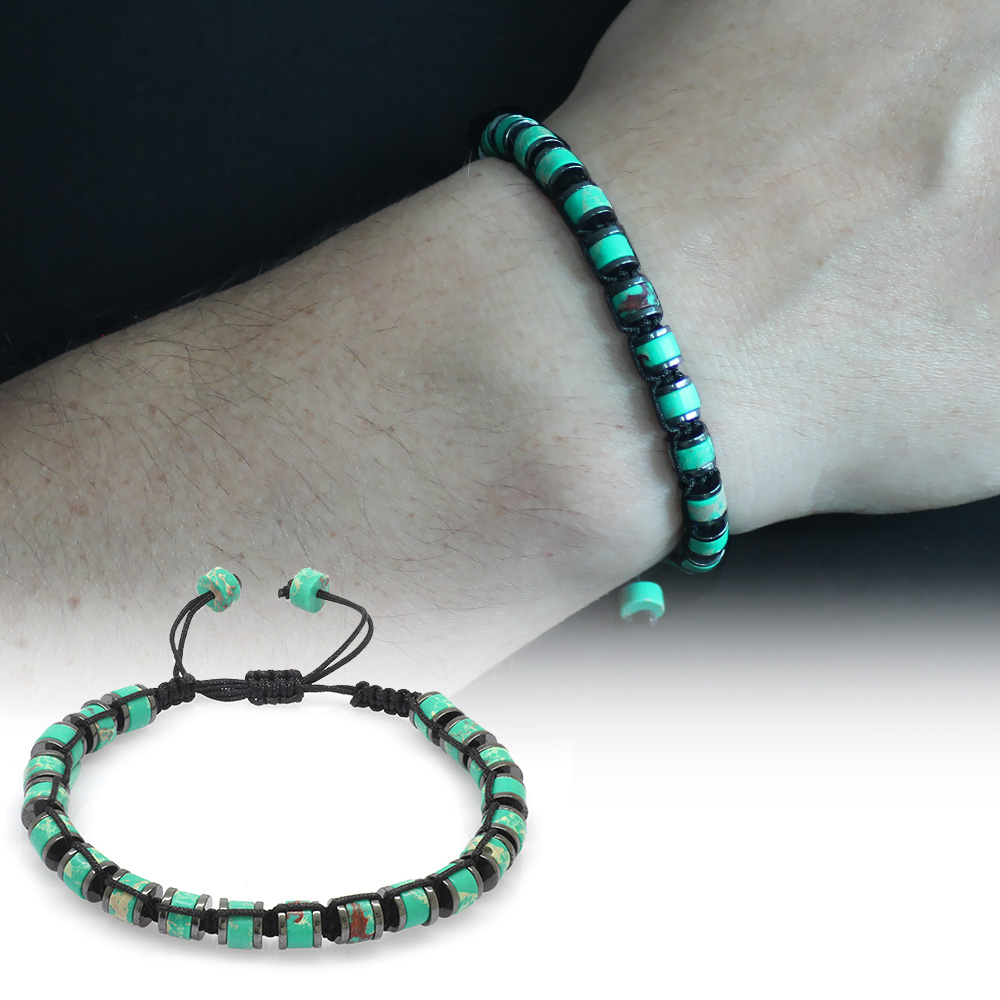 Silindir Kesim Makrome Örgülü Yeşil Varisit Hematit Kombinli Doğaltaş Erkek Bileklik - 1