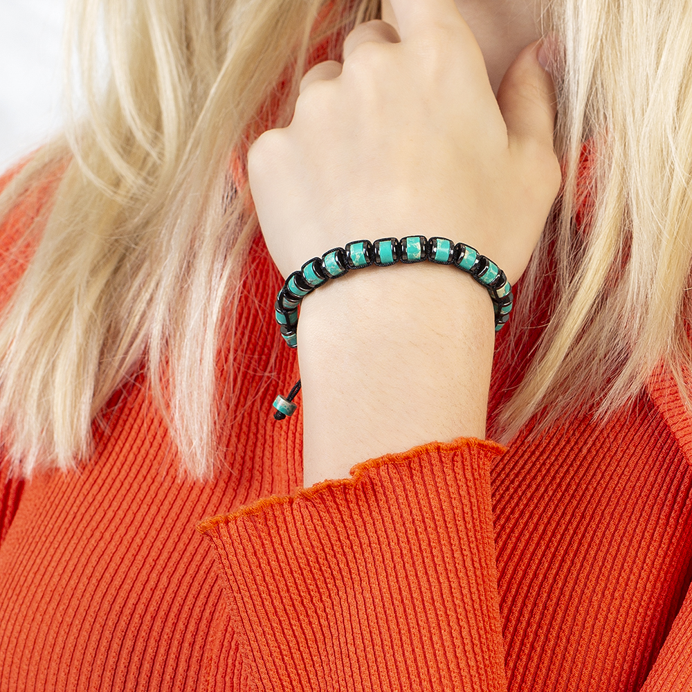 Silindir Kesim Makrome Örgülü Yeşil Varisit Hematit Kombinli Doğaltaş Kadın Bileklik - 4