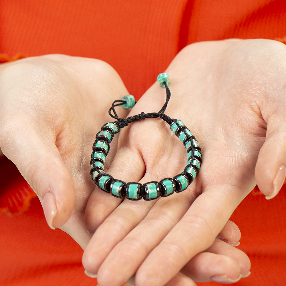 Silindir Kesim Makrome Örgülü Yeşil Varisit Hematit Kombinli Doğaltaş Kadın Bileklik - 5