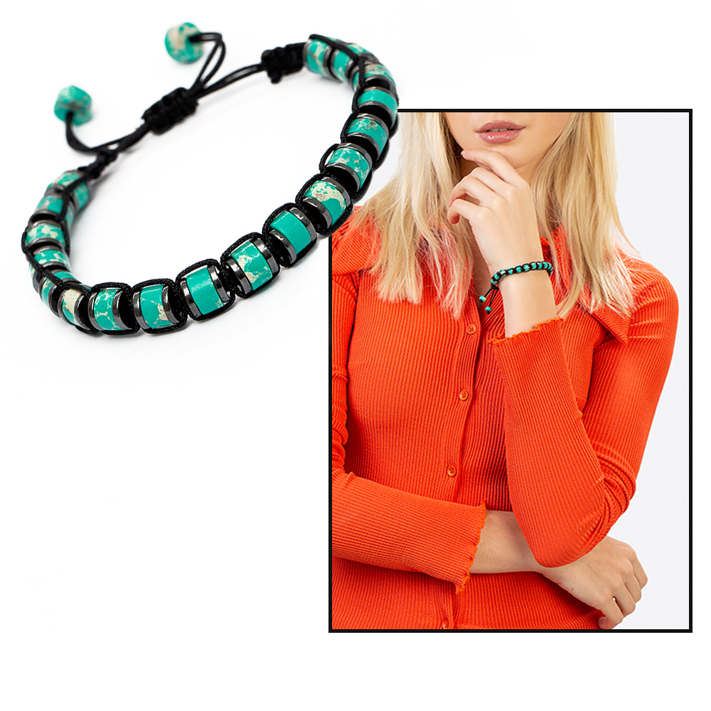 Silindir Kesim Makrome Örgülü Yeşil Varisit Hematit Kombinli Doğaltaş Kadın Bileklik - 1