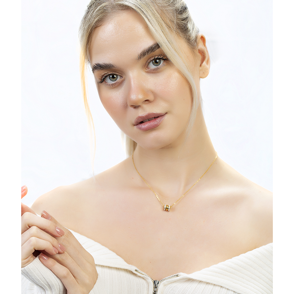 Silindir Tasarım Kenarları Zirkon Taşlı Altın Renk Çelik Kadın Kolye - 3