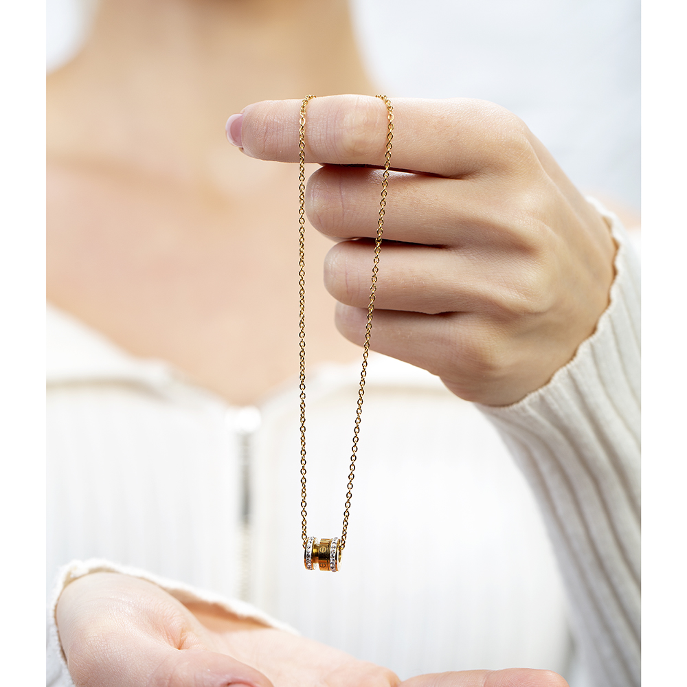 Silindir Tasarım Kenarları Zirkon Taşlı Altın Renk Çelik Kadın Kolye - 5