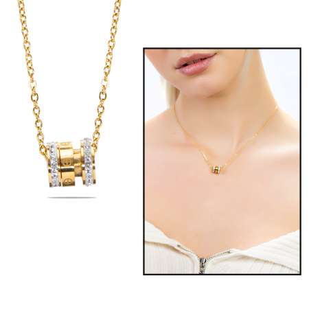 Silindir Tasarım Kenarları Zirkon Taşlı Altın Renk Çelik Kadın Kolye - Tesbihane