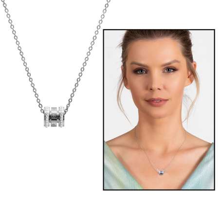 Silindir Tasarım Kenarları Zirkon Taşlı Gümüş Renk Çelik Kadın Kolye - Tesbihane