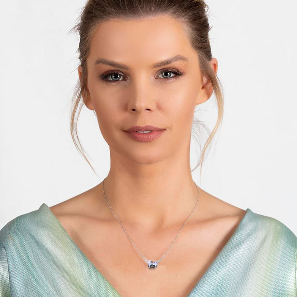 Silindir Tasarım Kenarları Zirkon Taşlı Gümüş Renk Çelik Kadın Kolye - 2