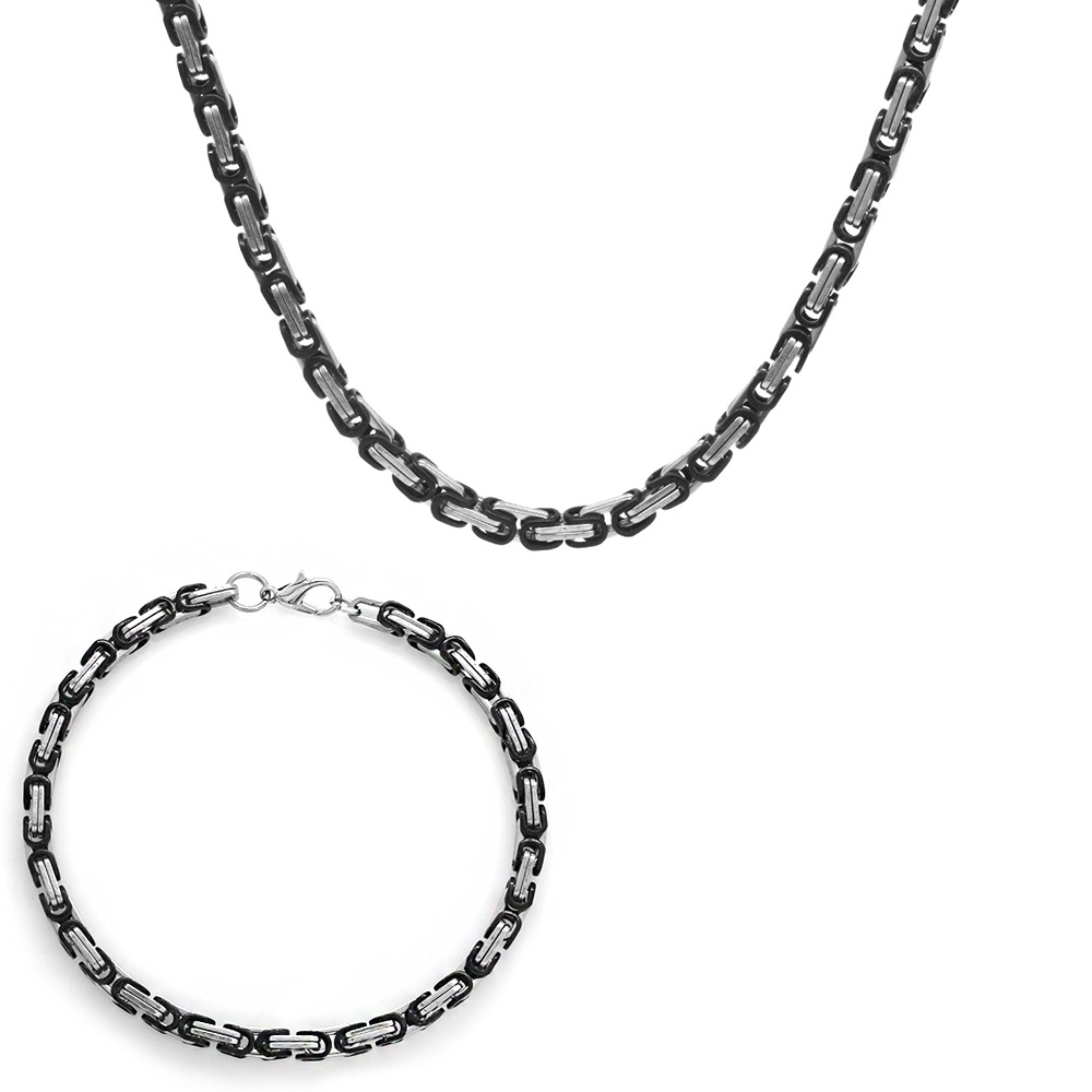 Gümüş Siyah Renk 917L Çelik Erkek Kral Zincir ve Bileklik Kombini - 2