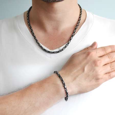 Gümüş Siyah Renk 917L Çelik Erkek Kral Zincir ve Bileklik Kombini - Tesbihane