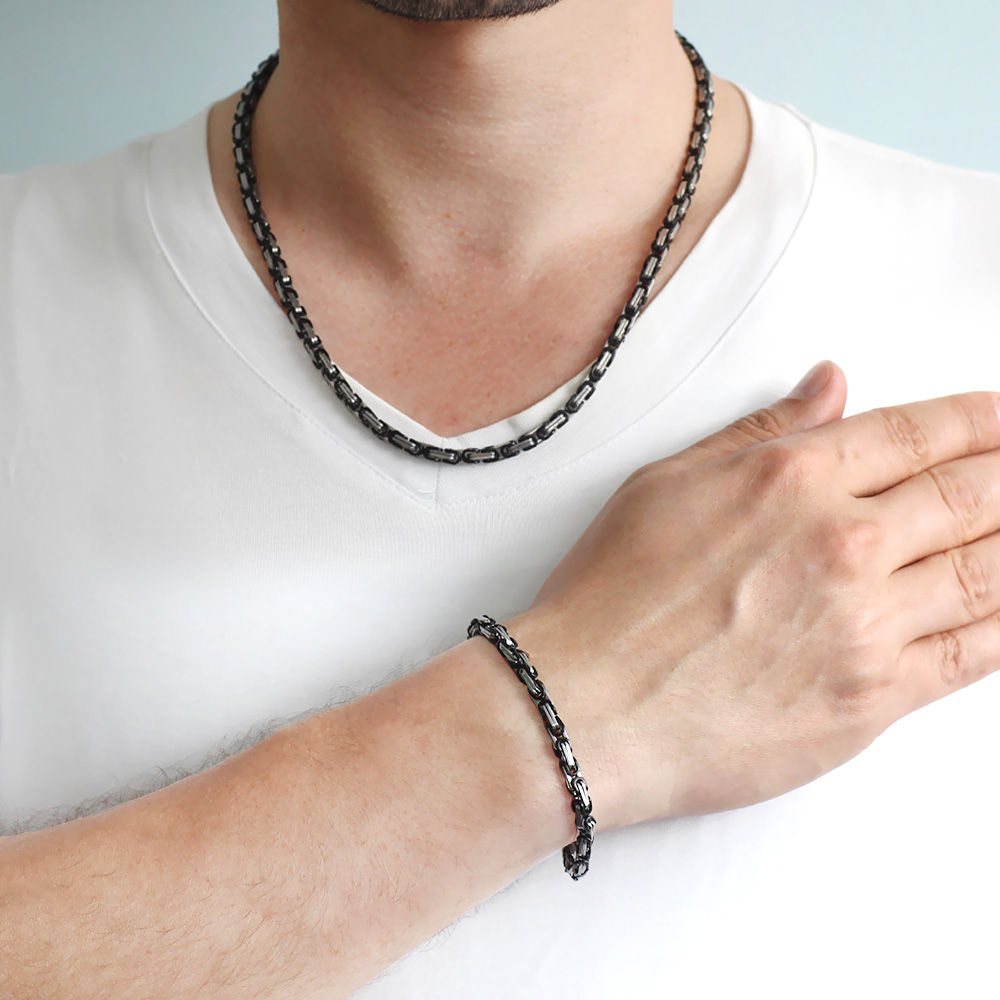 Gümüş Siyah Renk 917L Çelik Erkek Kral Zincir ve Bileklik Kombini - 1
