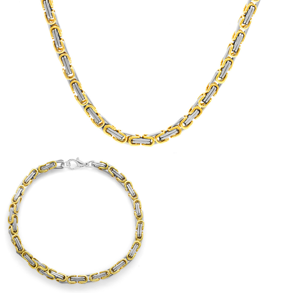 Gümüş Altın Renk 917L Çelik Erkek Kral Zincir ve Bileklik Kombini - 2