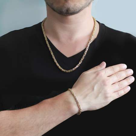 Gümüş Altın Renk 917L Çelik Erkek Kral Zincir ve Bileklik Kombini - Tesbihane