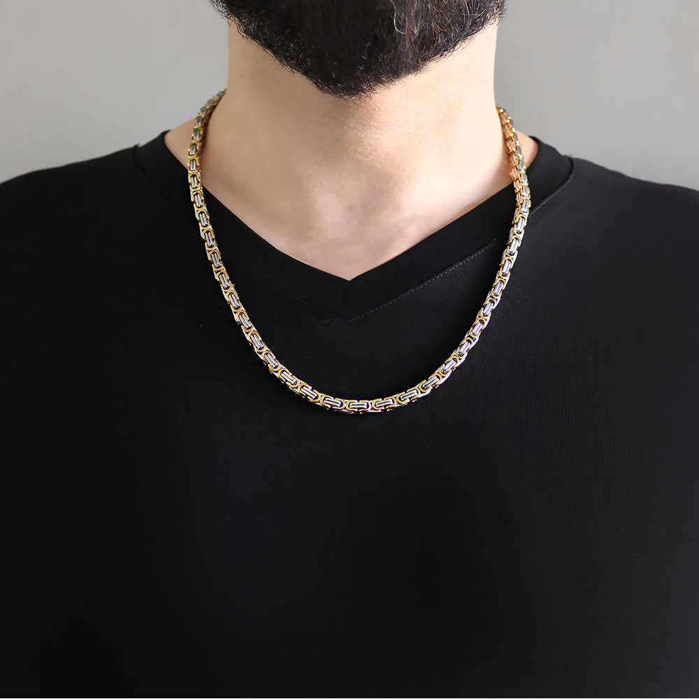 Silver-Gold Renk Kalın Model 60 cm 317L Çelik Kral Zincir Kolye - 2