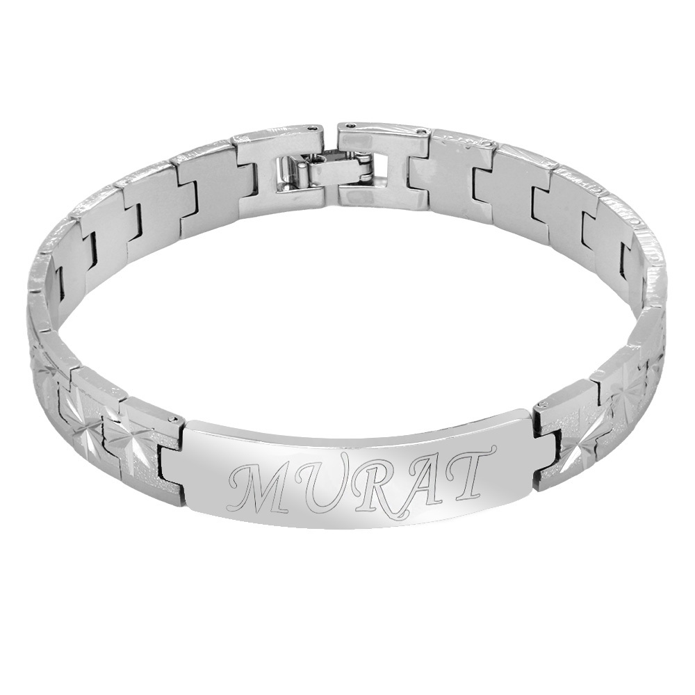 Gümüş Renk Alev Detaylı İsme Özel Yazılı Erkek Metal Bileklik - 3