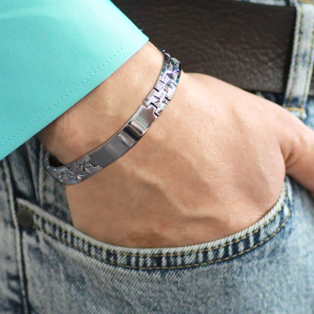 Gümüş Renk Alev Detaylı İsme Özel Yazılı Erkek Metal Bileklik - 2