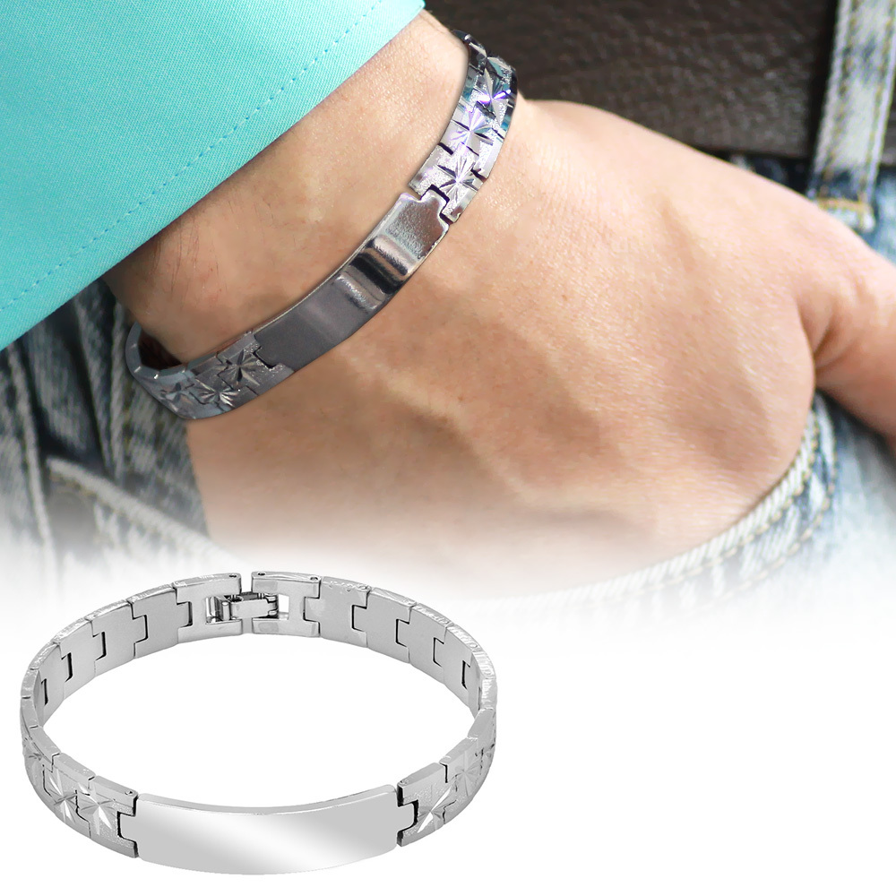 Gümüş Renk Alev Detaylı İsme Özel Yazılı Erkek Metal Bileklik - 1