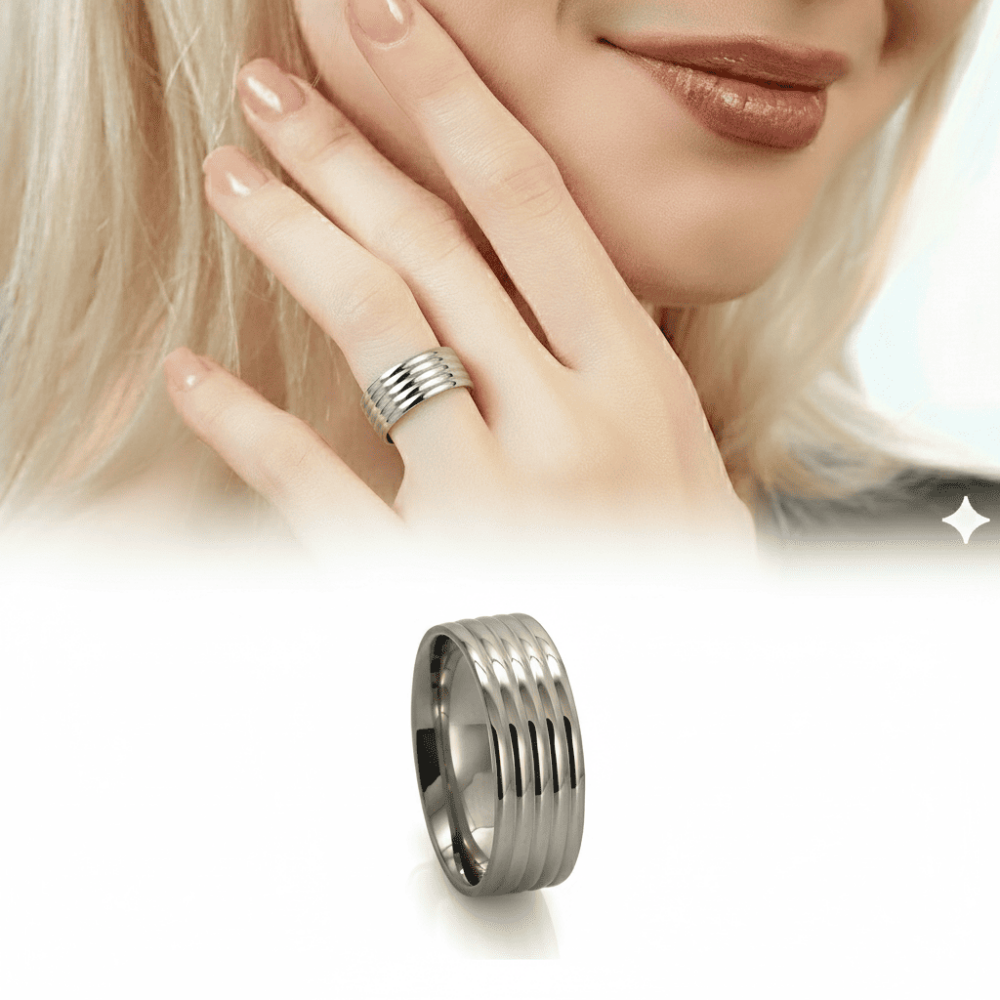 Gümüş Renk Beş Sıra Tasarım 316L Kalite Paslanmaz Çelik Kadın Yüzük Alyans - 17 Ölçü - 1