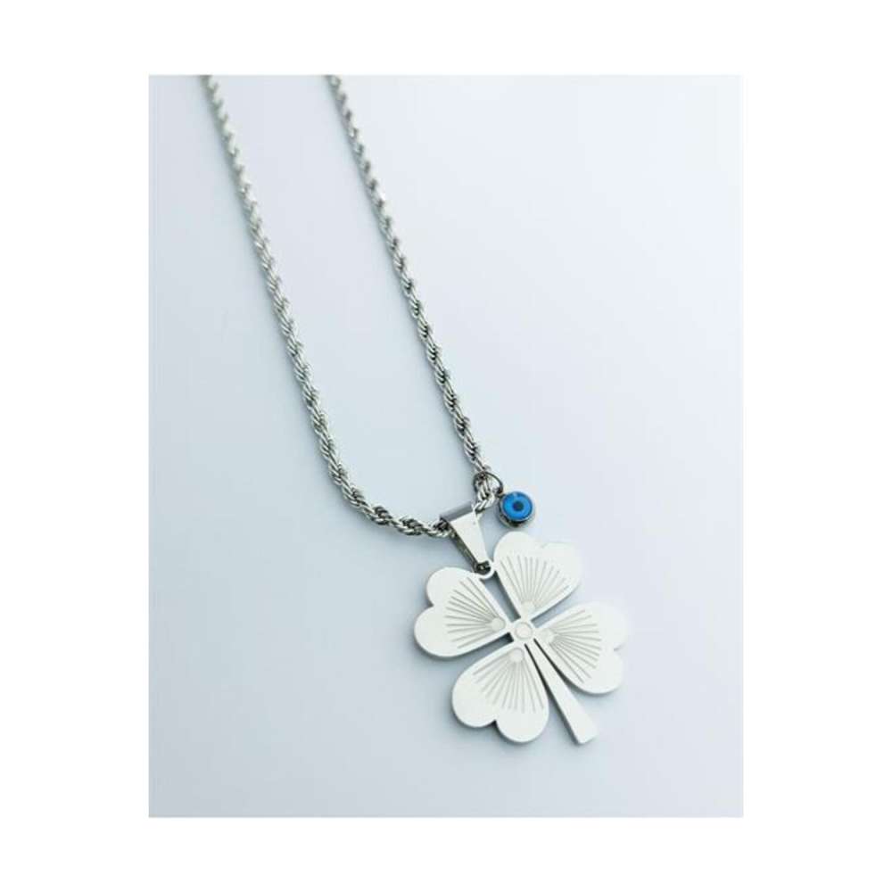 Gümüş Renk Burma Zincirli Nazar Boncuğu Detaylı Yonca Yaprağı Tasarım Çelik Kadın Kolye - 3