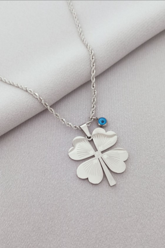 Gümüş Renk Burma Zincirli Nazar Boncuğu Detaylı Yonca Yaprağı Tasarım Çelik Kadın Kolye - 4