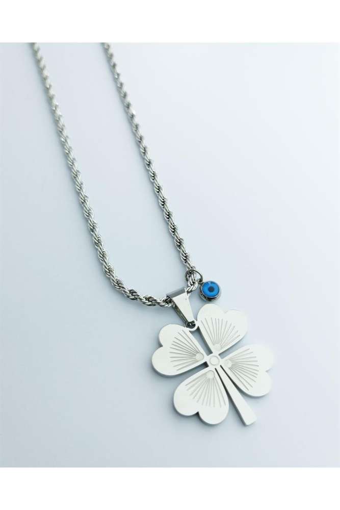 Gümüş Renk Burma Zincirli Nazar Boncuğu Detaylı Yonca Yaprağı Tasarım Çelik Kadın Kolye - 5