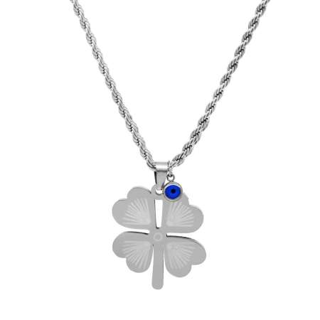 Gümüş Renk Burma Zincirli Nazar Boncuğu Detaylı Yonca Yaprağı Tasarım Çelik Kadın Kolye - Tesbihane