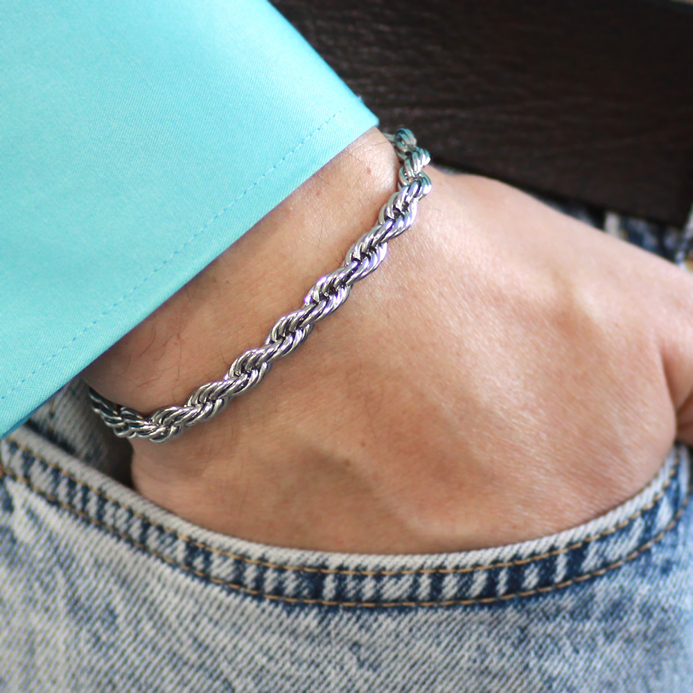 Gümüş Renk Çelik Erkek Halat Zincir Bileklik - 2
