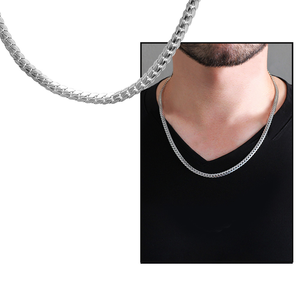 Gümüş Renk Çelik Erkek Press Snake Zincir Kolye - 3