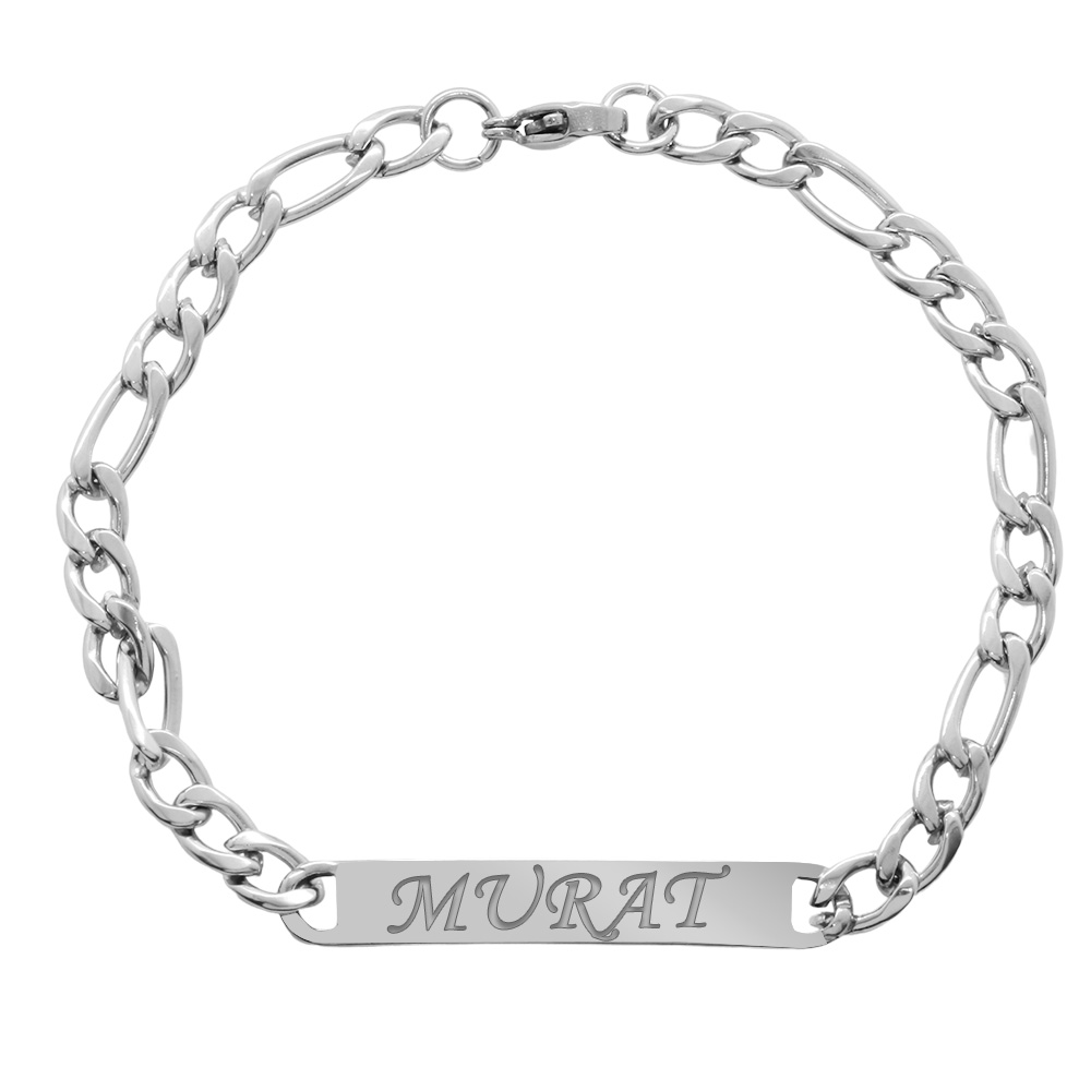 Gümüş Renk Gurmet Zincirli Basic Model İsme Özel Yazılı Erkek Çelik Bileklik - 6