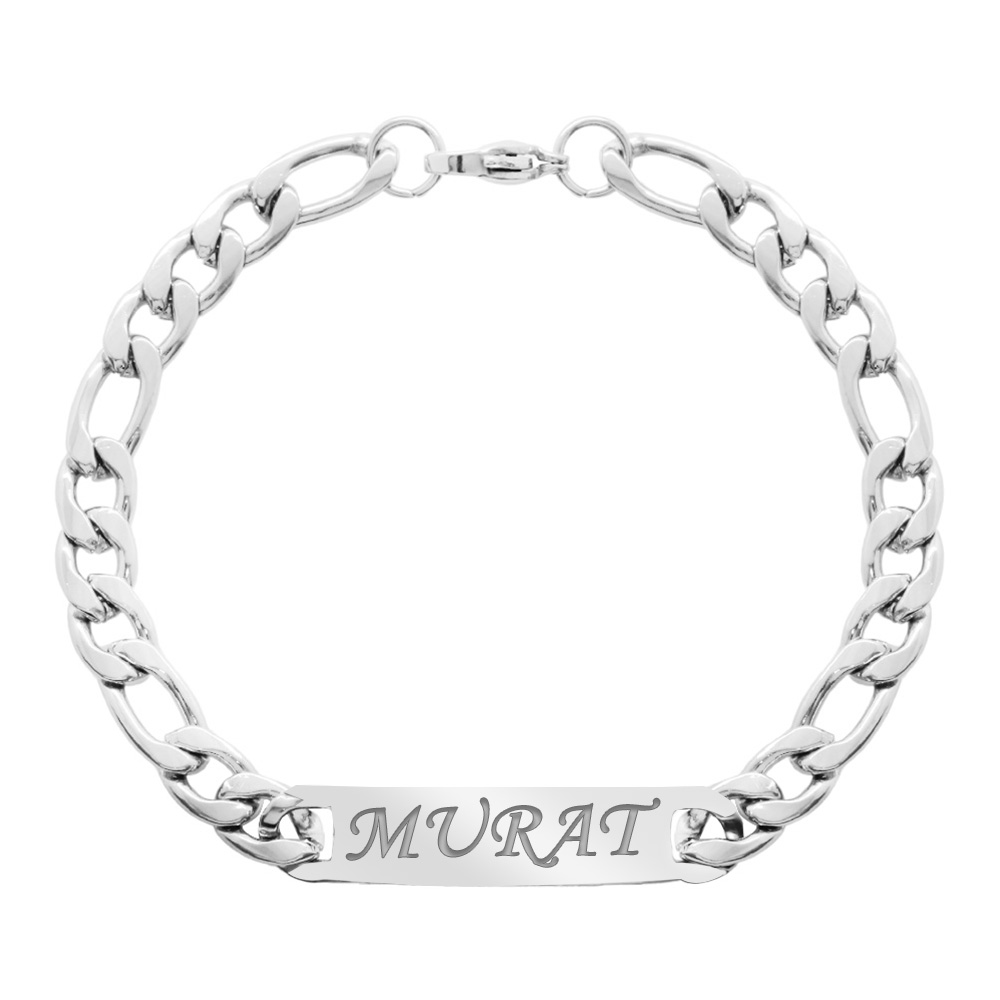 Gümüş Renk Gurmet Zincirli İsme Özel Yazılı Erkek Çelik Bileklik - 6