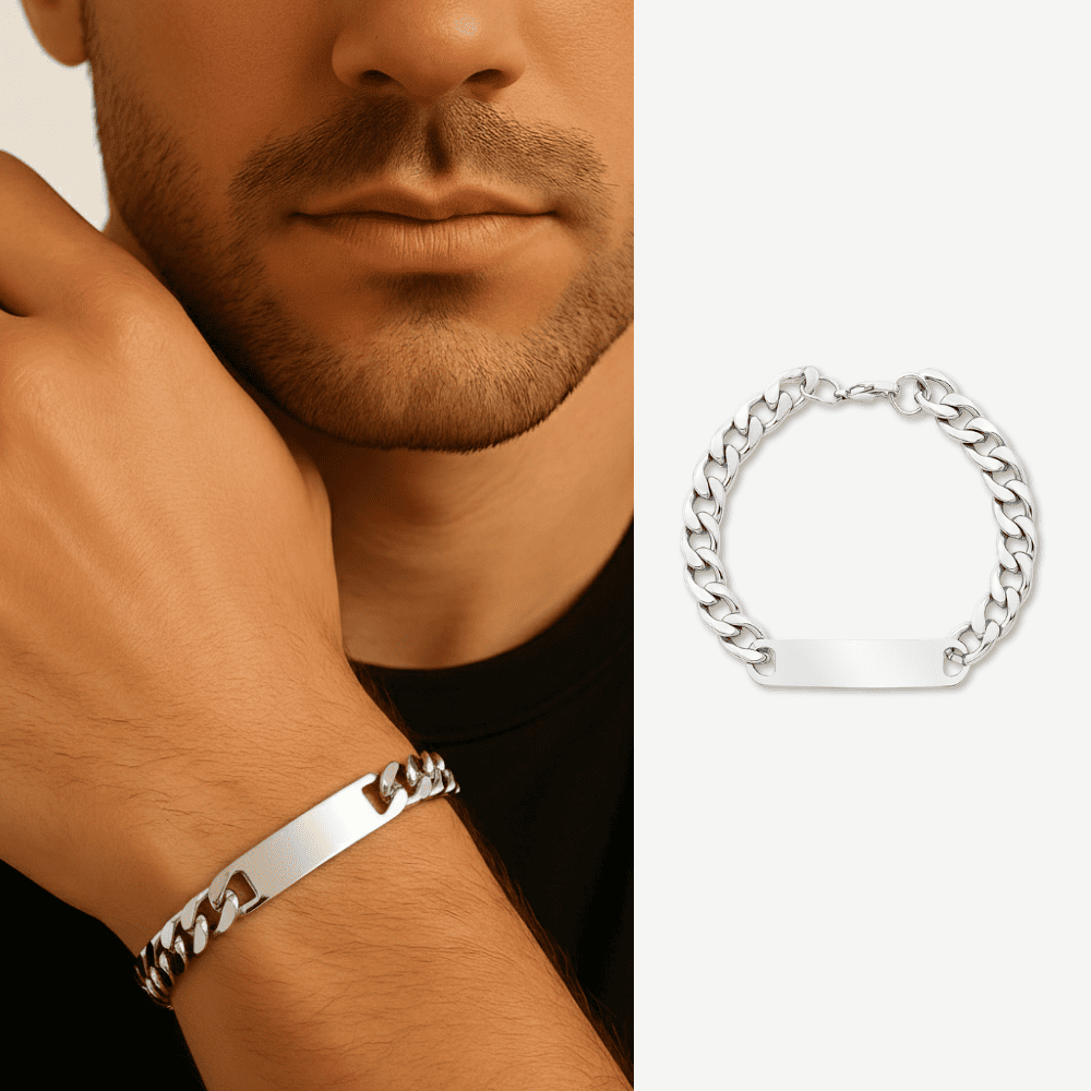 Gümüş Renk Gurmet Zincirli Modern Tasarım İsme Özel Yazılı Erkek Çelik Bileklik - 1