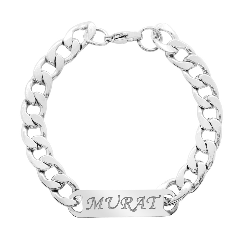 Gümüş Renk Gurmet Zincirli Modern Tasarım İsme Özel Yazılı Erkek Çelik Bileklik - 6