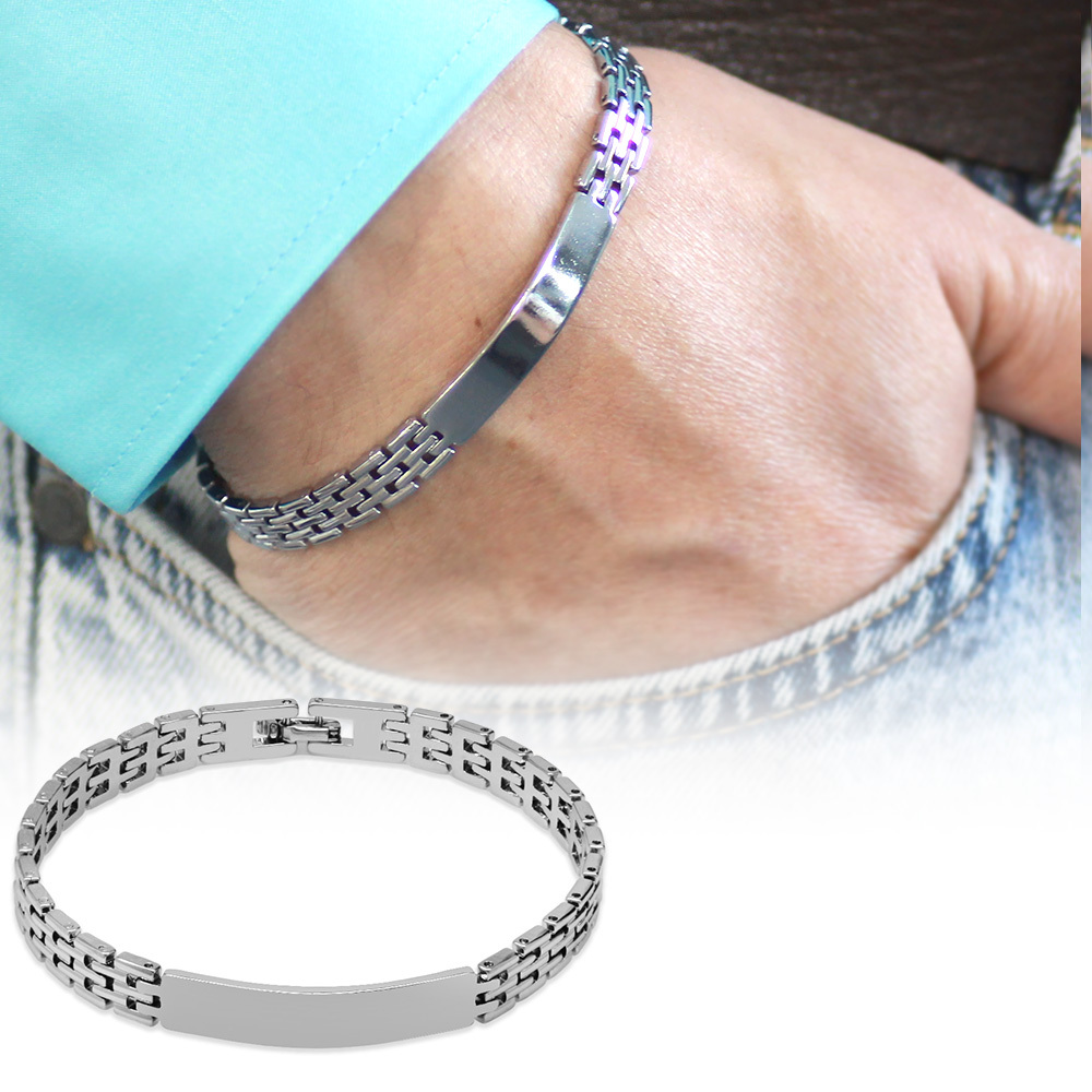 Gümüş Renk Hasır Tasarım Kordonlu İsme Özel Yazılı Metal Alaşım Üzeri Kaplama Erkek Bileklik - 1