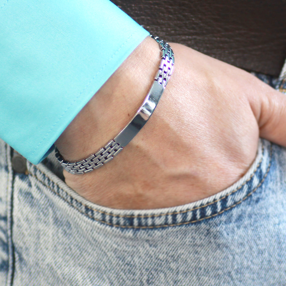 Gümüş Renk Hasır Tasarım Kordonlu İsme Özel Yazılı Metal Alaşım Üzeri Kaplama Erkek Bileklik - 2