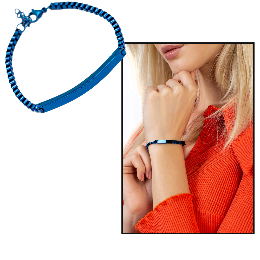 Çelik Zincirli Lacivert Renk İsme Özel Yazılı Kadın Bileklik - 1