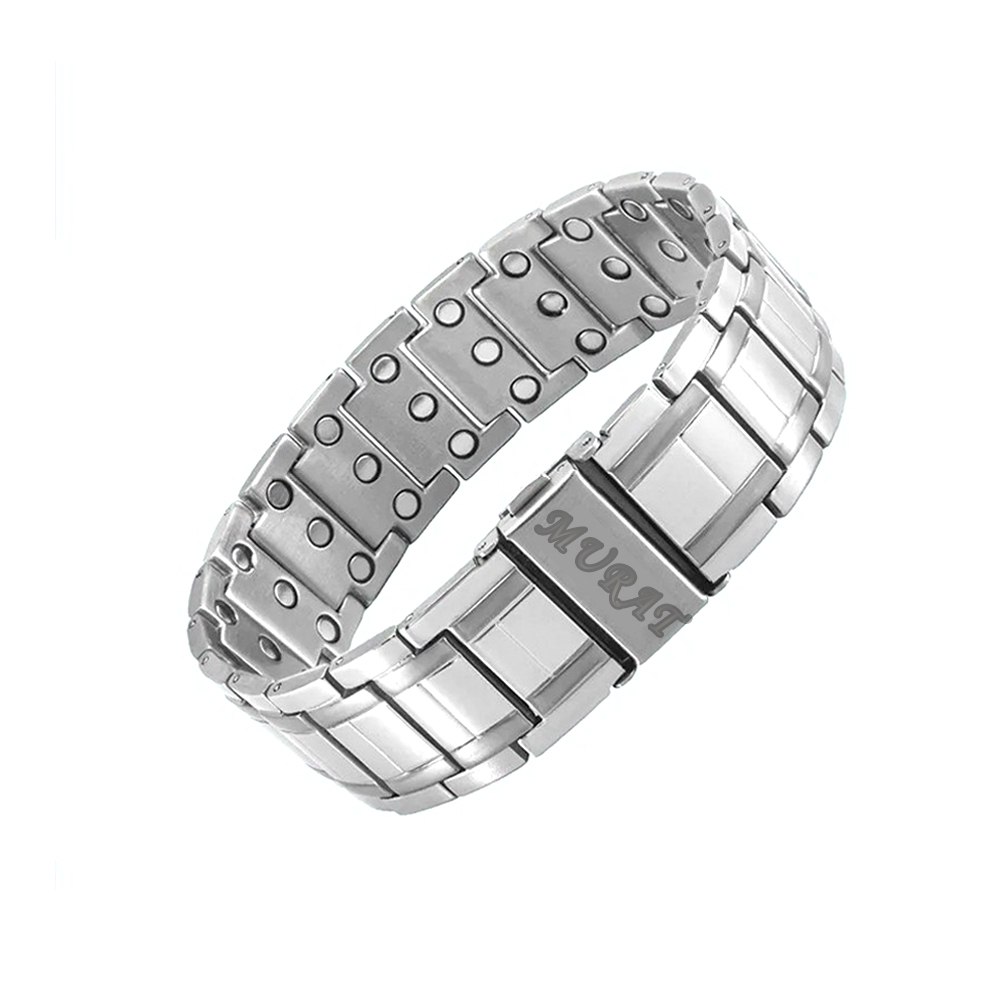 Gümüş Renk İsme Özel Yazılı Titanyum Manyetik Terapi Sağlık Bilekliği - 1