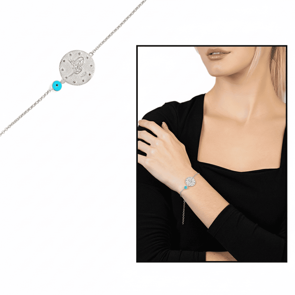 Gümüş Renk Mecidiye Tasarım Nazar Boncuğu Detaylı 925 Ayar Gümüş Kadın Bileklik - 1