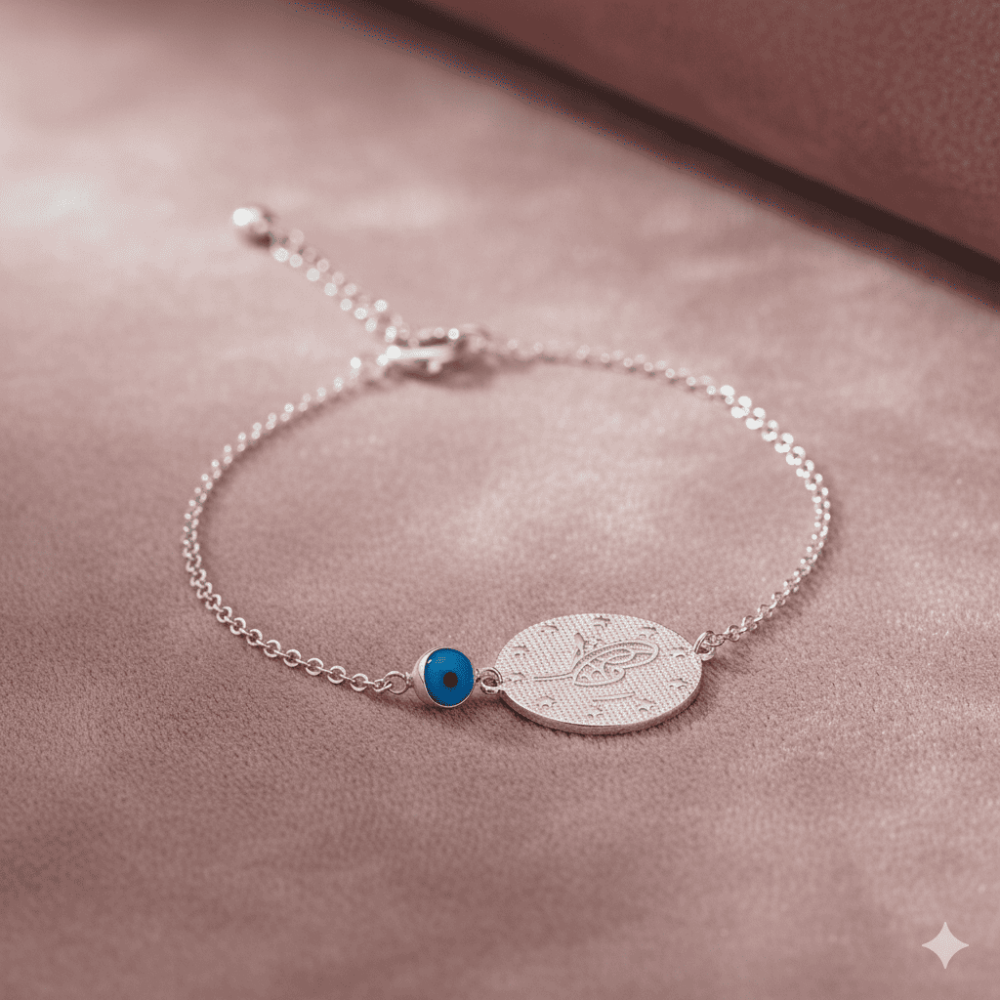 Gümüş Renk Mecidiye Tasarım Nazar Boncuğu Detaylı 925 Ayar Gümüş Kadın Bileklik - 3