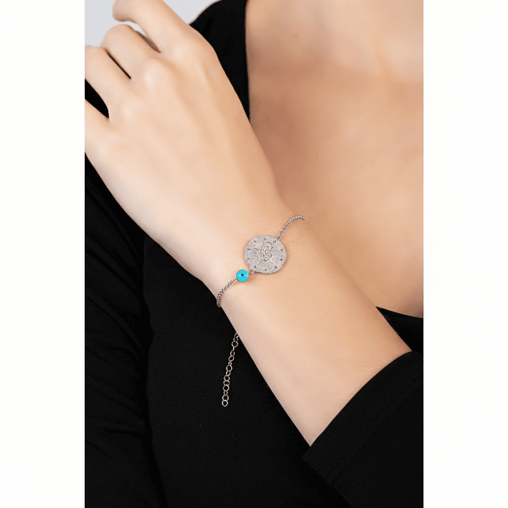 Gümüş Renk Mecidiye Tasarım Nazar Boncuğu Detaylı 925 Ayar Gümüş Kadın Bileklik - 8